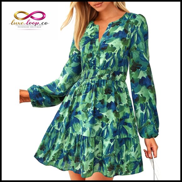 Long Sleeve Mini Dress Elastic Waist Floral Boho Wedding Guest